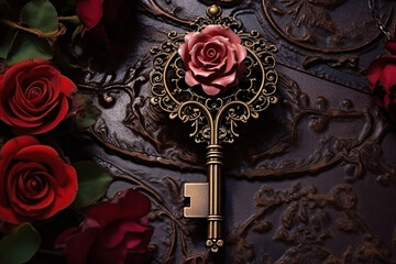 Vintage bronze 3D key with rose buds.