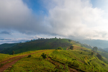 Mae Tho view point with mountains and fog in the morning at Chiang mai, Thailand