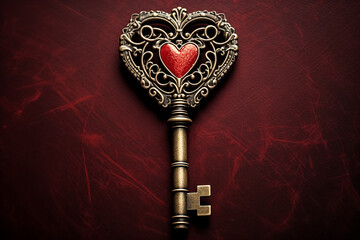 Vintage bronze key on velvet with a heart. Valentine's card.
