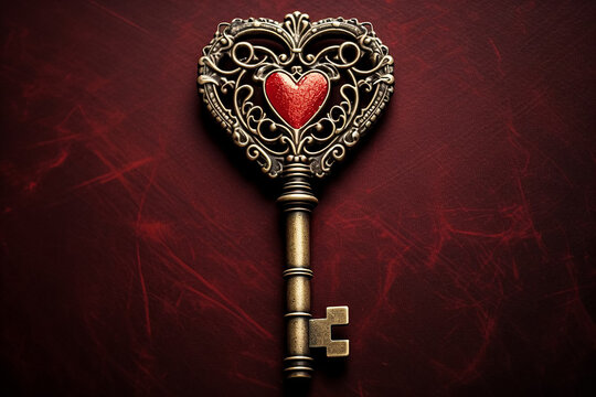 Vintage bronze key on velvet with a heart. Valentine's card.