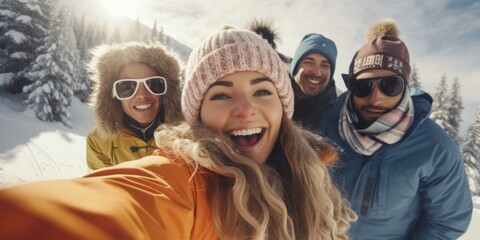 A group of people capturing a moment by taking a selfie in the snow. Perfect for winter memories and social media posts