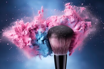 A Vibrant Pink and Blue Powdered Makeup Brush on a Blue Background