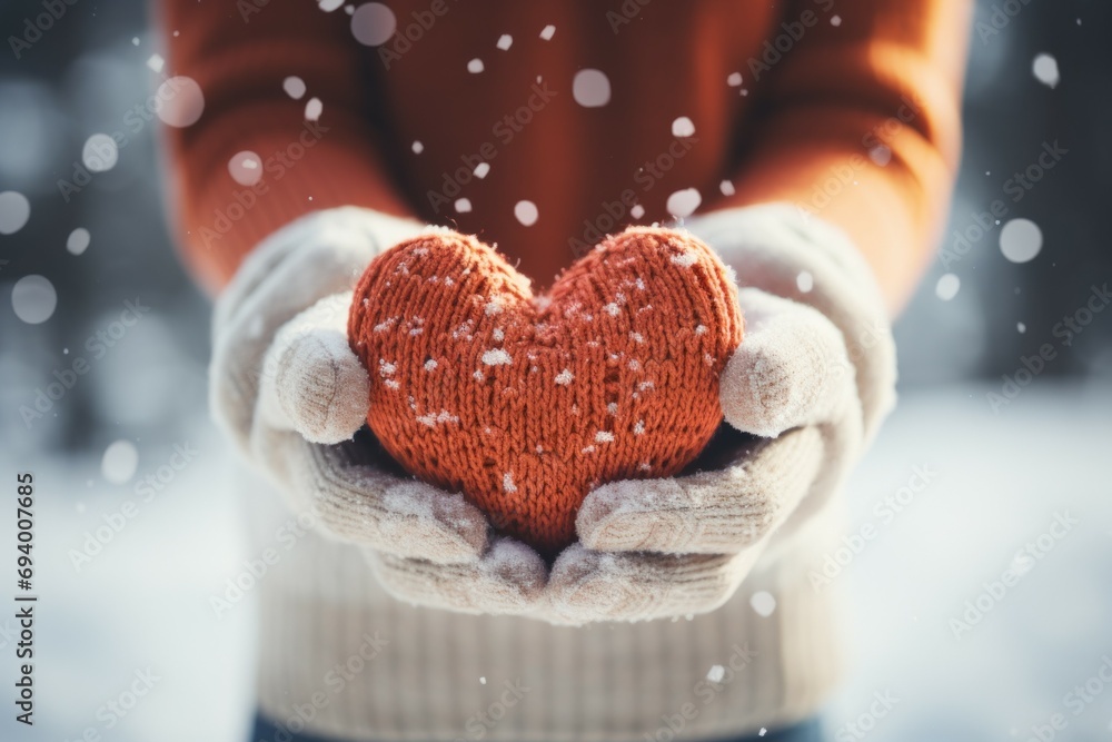 Poster knitted heart in hands. background with selective focus and copy space