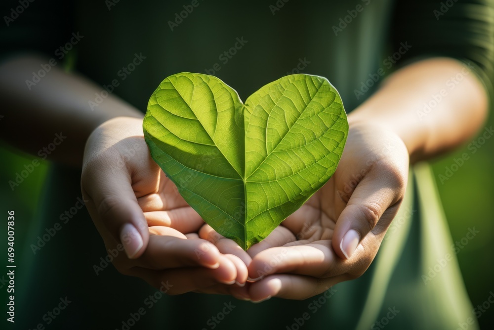 Poster abstract heart shaped leaf, ecology concept. background with selective focus and copy space