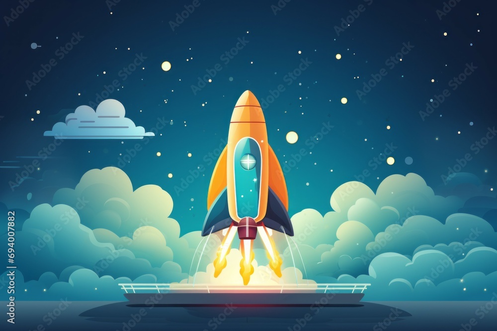 Poster rocket launch. background with selective focus and copy space. illustration style