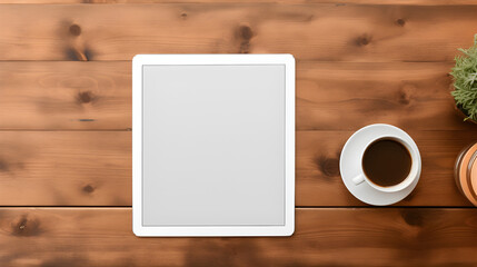 digital tablet mockup with blank screen and glass of coffee