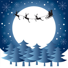 Christmas and new year reindeer with santa claus. Christmas tree and moon background. Vector illustration.