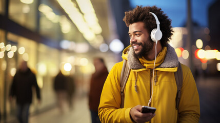 Fototapeta premium Young man smiling while looking at his phone and listening to music with headphones in an urban outdoor setting.