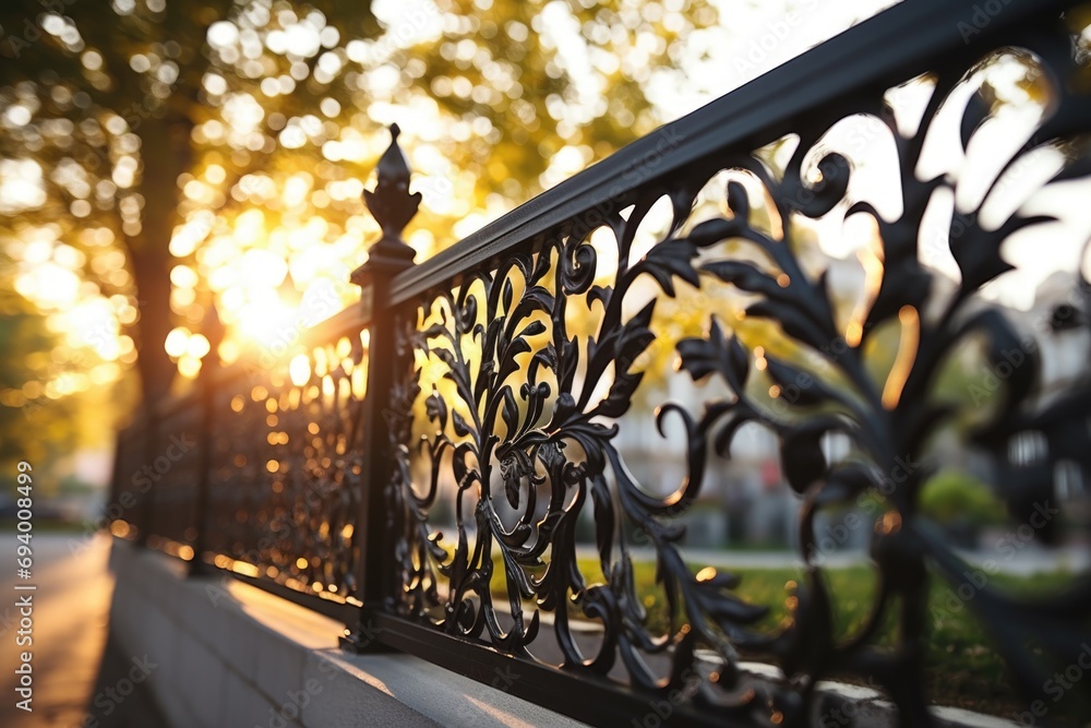 Poster a picturesque view of the sun setting behind a beautiful wrought iron fence. perfect for adding a to
