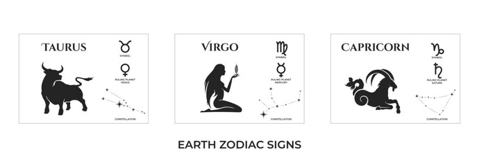 earth zodiac signs. taurus, virgo and capricorn. constellation and ruling planet symbol. astrology and horoscope symbol - obrazy, fototapety, plakaty