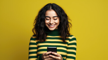 Fototapeta premium Woman is using a smartphone, wearing a striped sweater against colored background