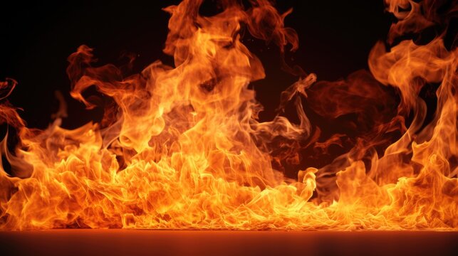A close-up view of a fire burning on a black background. This image can be used to depict concepts of warmth, danger, energy, and passion