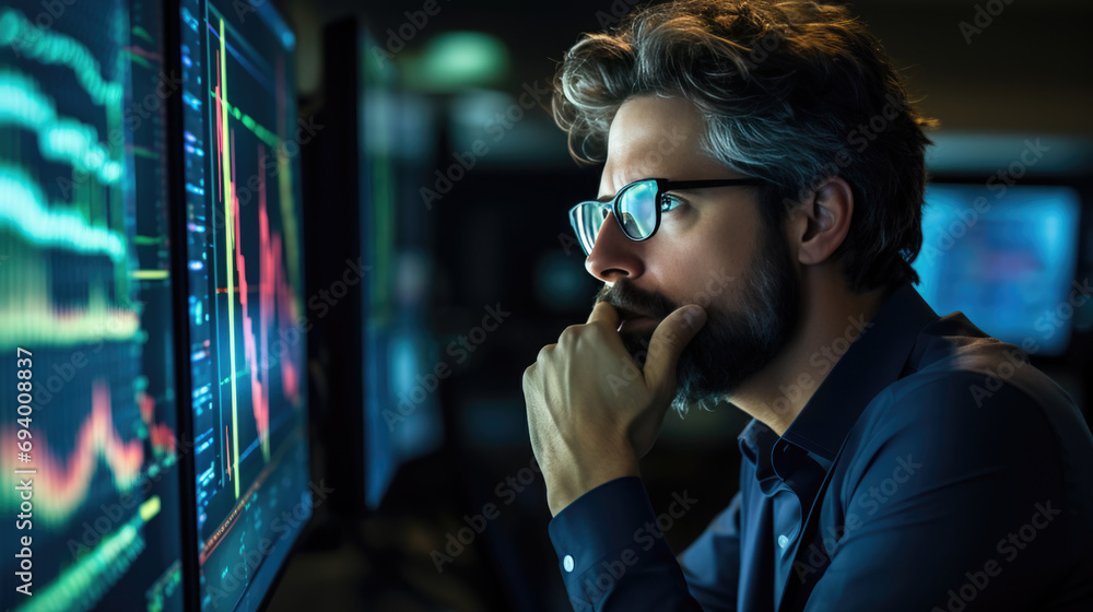 Poster focused man with a beard and glasses, studying stock market data on multiple computer monitors, refl