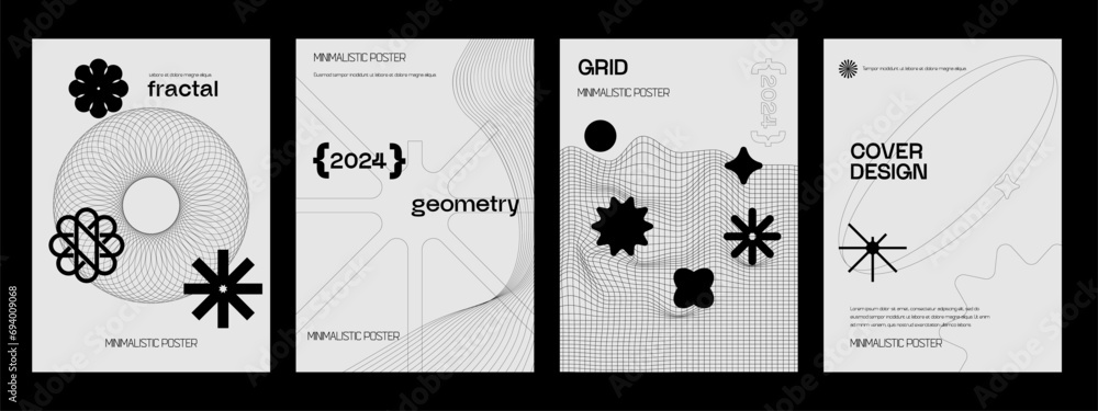 Aufkleber futuristic retro vector minimalistic posters with strange wireframes graphic assets of geometrical s