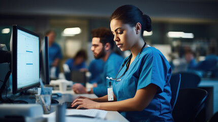 Healthcare worker in blue scrubs writing on a medical chart, indicating a busy hospital or clinic setting. - obrazy, fototapety, plakaty