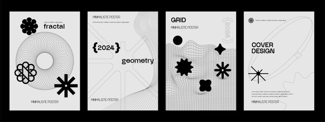 Futuristic retro vector minimalistic Posters with strange wireframes graphic assets of geometrical shapes modern design inspired by brutalism and silhouette basic figure.