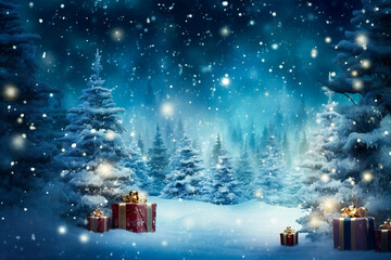 Christmas gift  boxes in the woods at night, dreamlike magic festive atmosphere