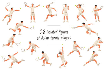 16 isolated figures of an East Asian tennis player in classic white equipment in various stances and grips standing, running, rushing, jumping, hitting, serving, receiving the ball