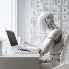 A humanoid robot works on a laptop, using ai, showcasing the utility of automation in repetitive and tedious tasks.