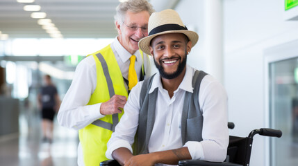 Airport staff member in a safety vest smiling and providing assistance to a man in a wheelchair - obrazy, fototapety, plakaty