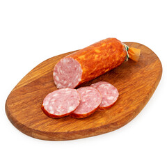 Homemade sausage on a wooden board on a white background, isolated