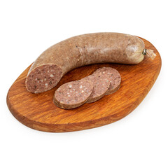 Homemade liver sausage on a wooden board on a white background, isolated