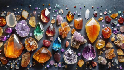 Poster A lot of crystals and gemstones on a dark background. Natural minerals such as agate, amber, amethyst, quartz and others. A scattering of precious stones © Marko