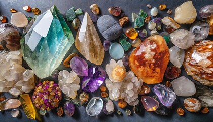 A lot of crystals and gemstones on a dark background. Natural minerals such as agate, amber, amethyst, quartz and others. A scattering of precious stones - obrazy, fototapety, plakaty