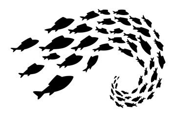 Fish school or shoal,  silhouette. Shoal of fishes isolated on white. Sea fishes group in ocean or marine water. Illustration of colony small fish - obrazy, fototapety, plakaty
