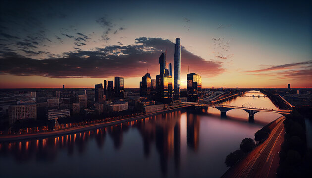 High resolution aerial panoramic view of Frankfurt, Germany after sunset day concept background, Ai generated image.