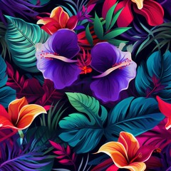 Fototapeta na wymiar Bold Tropical Pattern with Large Leaves and Flowers AI Generated