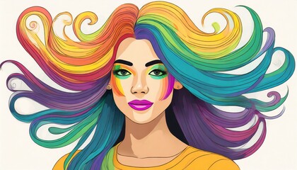 Fototapeta premium Pretty girl with colorful hair. Young woman with bright makeup and rainbow dyed hairstyle. Female face on background of colored fluttering curls. Professional haircut and coloring