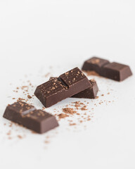 Pieces of chocolate on white background with cocoa powder