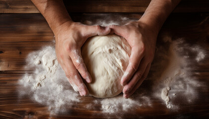 Artisan Baker Kneading Dough on Wooden Table