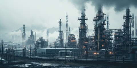An industrial scene with factory pipes, metal structures, and smoke, representing pollution and environmental challenges.