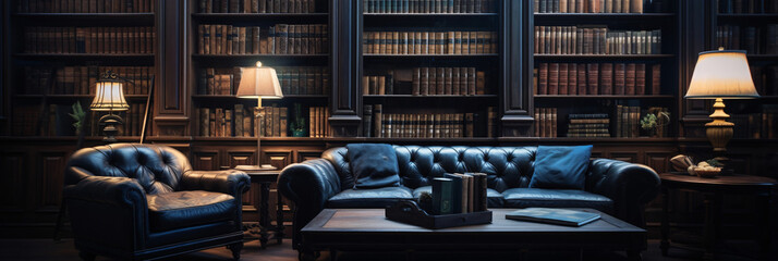 Peaceful Library Scene with Books and Comfortable Reading Nook - obrazy, fototapety, plakaty