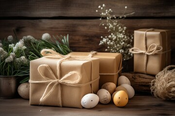 Fototapeta na wymiar Gift boxes in craft paper and natural decorations, creative and zero waste Easter present wrapping.