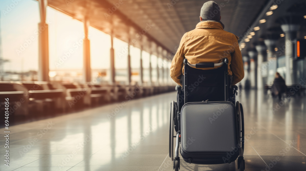 Poster person sitting in a wheelchair at an airport terminal