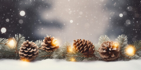 Fototapeta na wymiar Glistening Pine Cones and Lights on Snowy Evergreen Branch