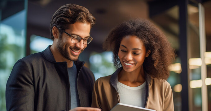 Personas felices y profesionales de negocios, un equipo diverso de diferentes antecedentes. Mujeres y hombres trabajadores que utilizan una tableta digital para encontrar nuevas soluciones laborales.