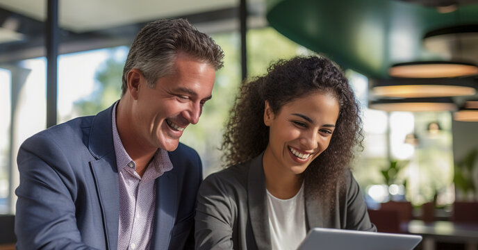 Personas felices y profesionales de negocios, un equipo diverso de diferentes antecedentes. Mujeres y hombres trabajadores que utilizan una tableta digital para encontrar nuevas soluciones laborales.