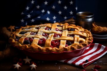 American pie. Blueberry and raspberry pie. With american flag decoration