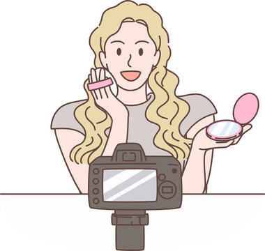 Illustration of beauty blogger recording makeup tutorial video for vlog in Social media. Characters hand drawn style.