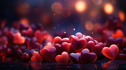 many hearts gold pink purple and black, beautiful valentine shiny bokeh background