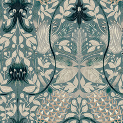 Seamless pattern, ornament with flowers, ginger beehive and desert peas in gray-blue tones. Large format. Digital illustration. Accessories for interior design, wallpaper, fabrics, clothing, stationer