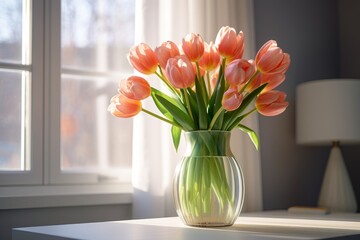 A bouquet of peach tulips in a vase on the table by the window. A postcard for Mother's Day, Valentine's Day, women's Day on March 8th. 