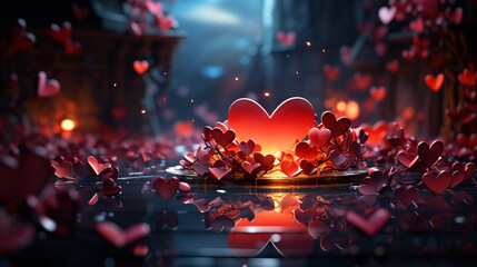 many hearts gold pink purple and black, beautiful valentine shiny bokeh background