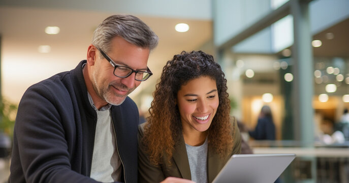 Personas felices y profesionales de negocios, un equipo diverso de diferentes antecedentes. Mujeres y hombres trabajadores que utilizan una tableta digital para encontrar nuevas soluciones laborales.