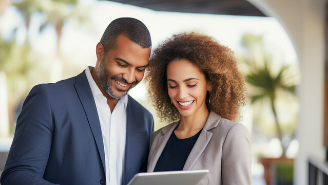 Personas felices y profesionales de negocios, un equipo diverso de diferentes antecedentes. Mujeres y hombres trabajadores que utilizan una tableta digital para encontrar nuevas soluciones laborales.