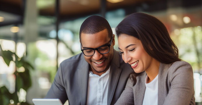 Personas felices y profesionales de negocios, un equipo diverso de diferentes antecedentes. Mujeres y hombres trabajadores que utilizan una tableta digital para encontrar nuevas soluciones laborales.